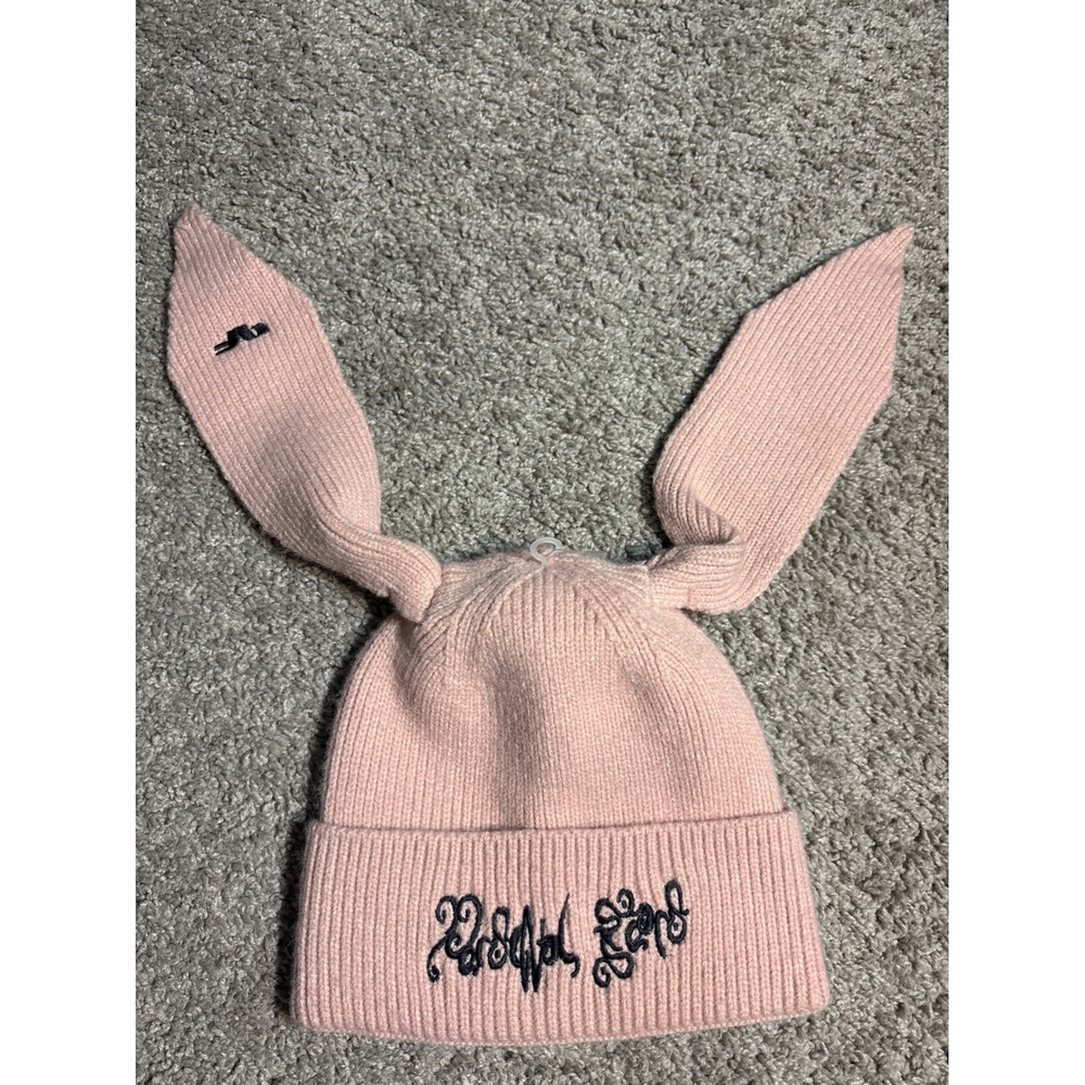 Pink Bunny Ear Knit Beanie Gothic Embroidered Ribbed Acrylic Streetwear Hat